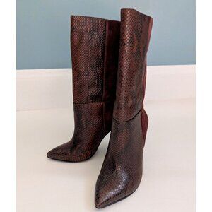 42 Gold Heeled Suede And Leather Snakeskin Print Mid Calf Boho Size 6.5 Burgundy